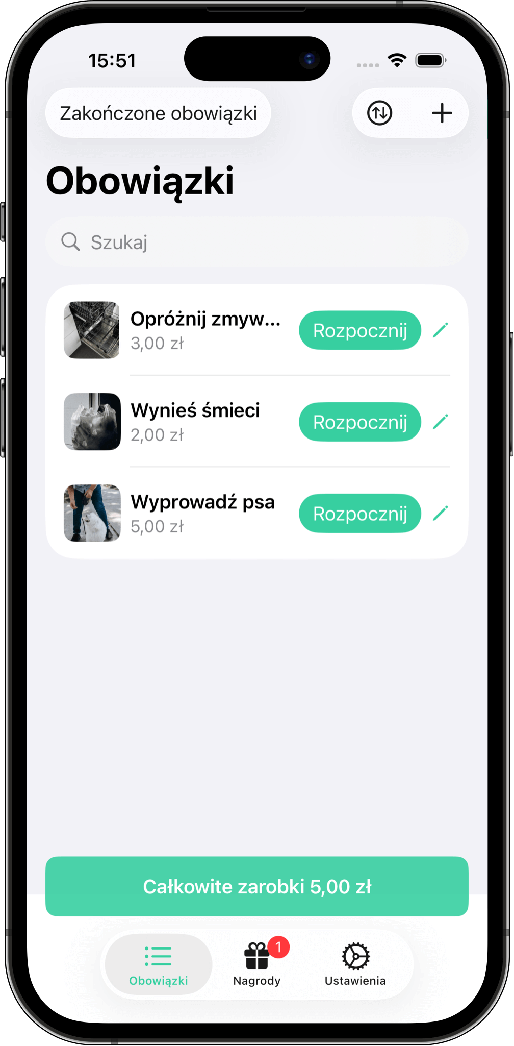 Twórz i uruchamiaj obowiązki w Moje obowiązki Zrzut ekranu z listą obowiązków w aplikacji Moje obowiązki z przyciskiem do rozpoczęcia zadań, takich jak „Opróżnij zmywarkę”, oraz wyświetleniem zarobionej kwoty.
