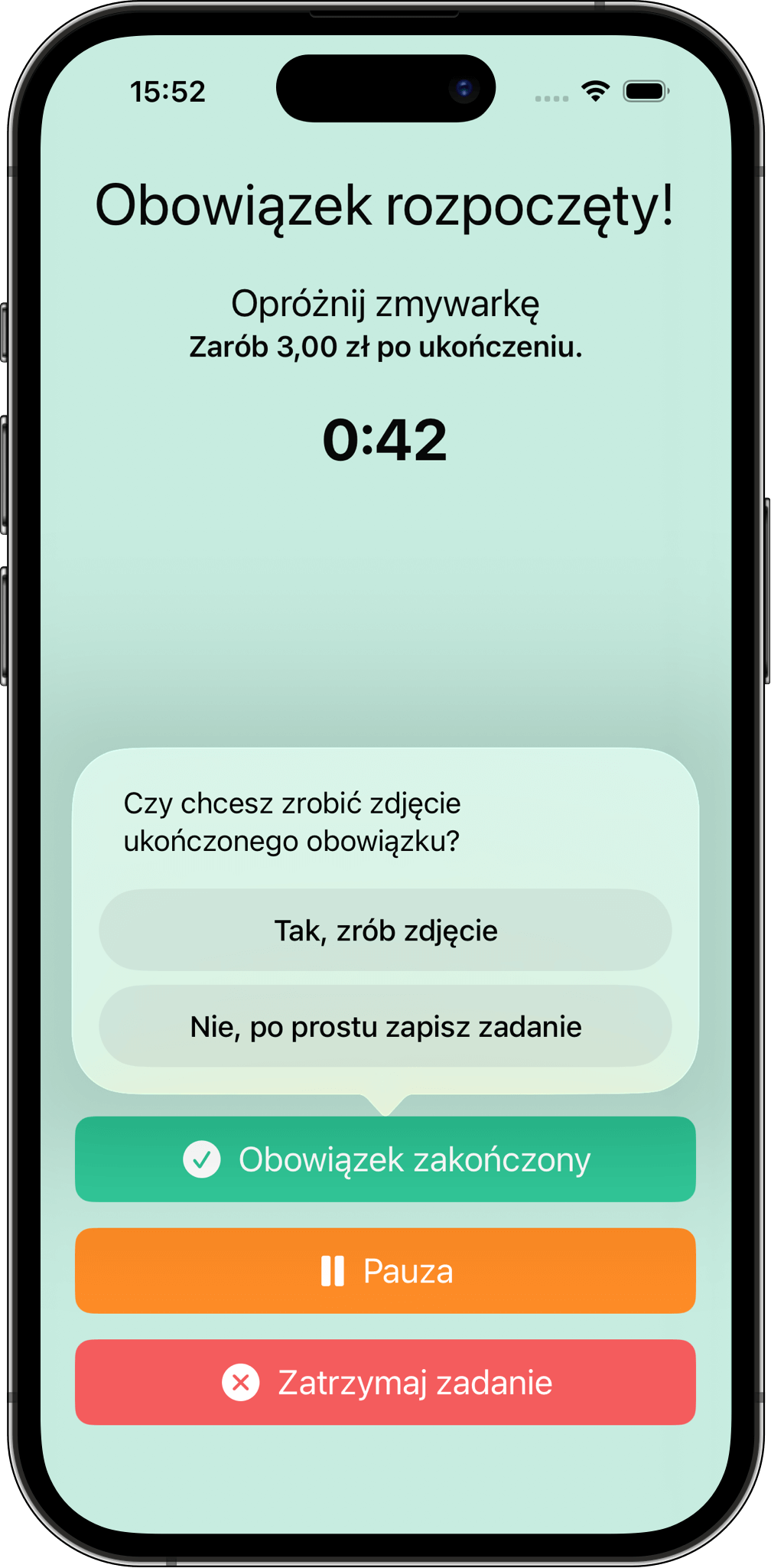 Zrób zdjęcie jako dowód wykonania obowiązku Okienko w aplikacji Moje obowiązki, w którym użytkownik może wybrać zrobienie zdjęcia jako potwierdzenie wykonania zadania.