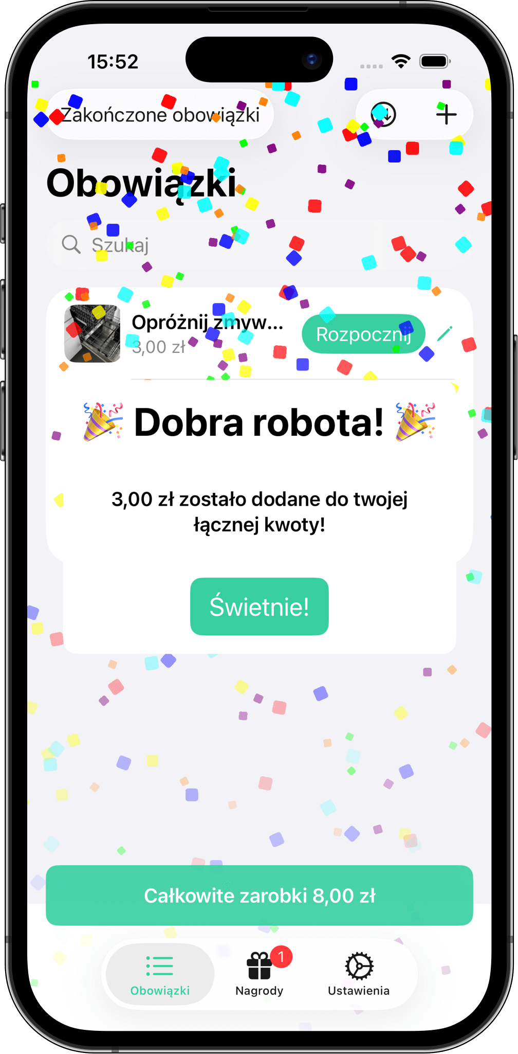 Dobra robota! Zarabiaj i otrzymuj pochwały w Moje obowiązki Zrzut ekranu z konfetti i komunikatem o nagrodzie po wykonaniu obowiązku w aplikacji Moje obowiązki.