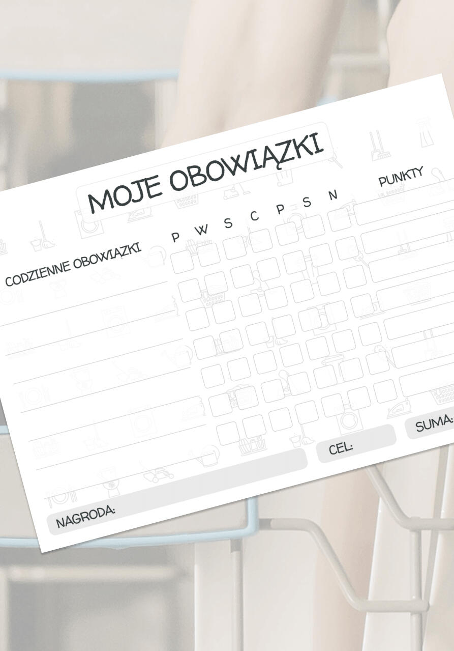 Tabela obowiązków z polami na codzienne zadania, przydzielanie punktów, cel tygodniowy i nagrodę – zaprojektowana dla dzieci i rodzin.