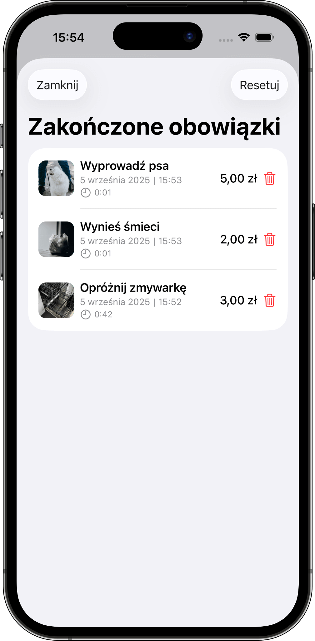 Przegląd wykonanych obowiązków w aplikacji Moje obowiązki z datą, godziną i kwotą – oraz możliwością zresetowania listy.