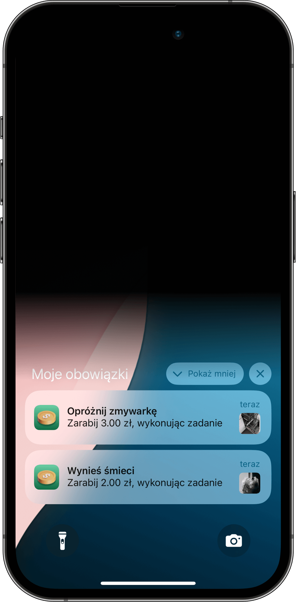 Otrzymuj powiadomienia, gdy nadejdzie czas na zaplanowane obowiązki Zaplanowane obowiązki z powiadomieniami – widok codziennych przypomnień o domowych zadaniach, takich jak „Opróżnij zmywarkę” i „Wynieś śmieci” w aplikacji Moje obowiązki.