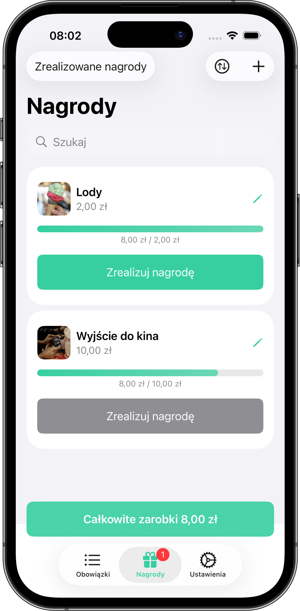 Wymieniaj nagrody zdobyte za obowiązki Zrzut ekranu z aplikacji Moje obowiązki z nagrodami takimi jak „Wyjście do kina” i „Lody” oraz postępem w realizacji celu.